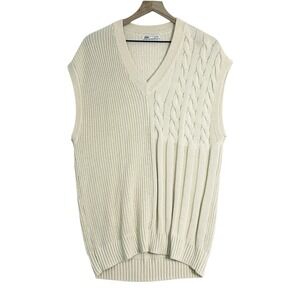 Zara Cream Cable Knit V-Neck Sweater Vest Women's sz S M Cotton Preppy Old Money